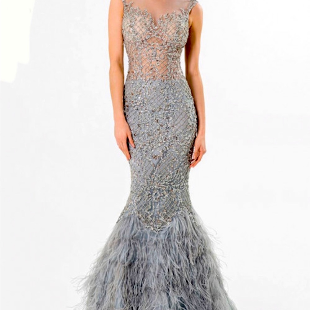 Terani Couture crystal embellished gown with ostrich feathers